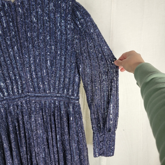 Mac Duggal size 14 Beaded Lace Longsleeve Wrap Over Midnight Navy 93679D dress - Picture 8 of 16